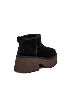 UGG Black Suede Platform Short Boot with Chunky Brown Sole